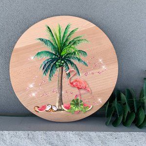Beach Decor Palm Tree with Flamingo 12" Thin Birch Round Wood Handmade Wall Art
